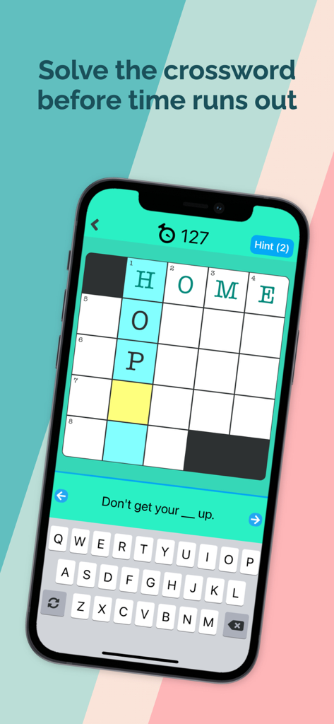 Mini Crossword Daily - Interfaz del juego móvil Mini Crucigrama Diario que muestra un crucigrama cronometrado