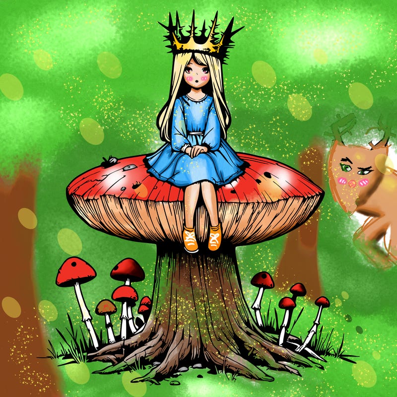 realistic girl sitting on a huge tree stump size toadstool with thorn crown