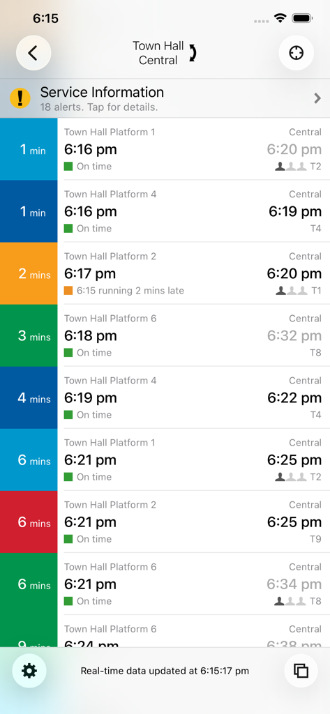 Screenshot of the TripView app displaying live train departure times and platform information for Sydney transit