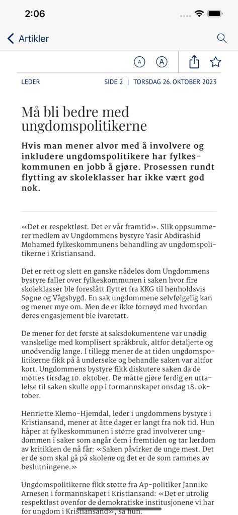 Fædrelandsvennen eAvis - Vista de artículo de periódico digital en la aplicación Fædrelandsvennen eAvis