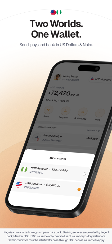 Paga mobile app interface showing both US Dollar and Nigerian Naira account balances in one wallet