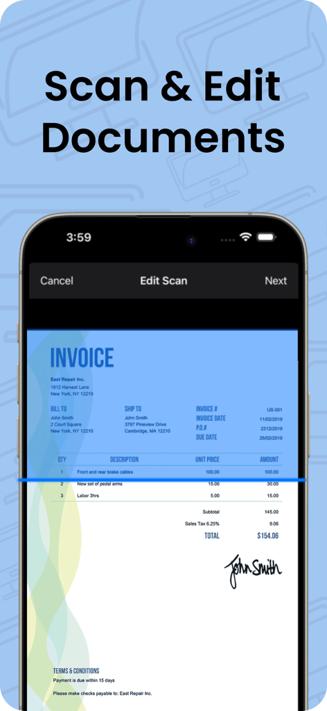 Printer App iprint Smart Print - Mobile app interface for scanning and editing documents like invoices with digital signatures.