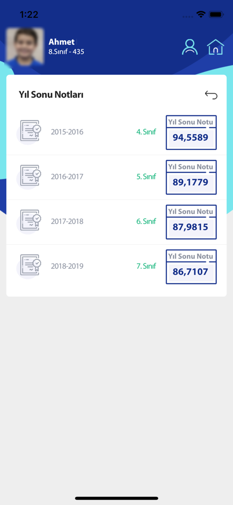 MEB E-OKUL VBS app screen showing yearly grade averages for a student