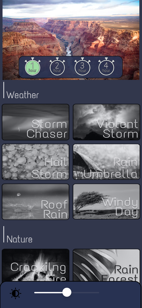 Ambient Sleep - Ambient Sleep app interface showing weather and nature sound options with sleep timers.