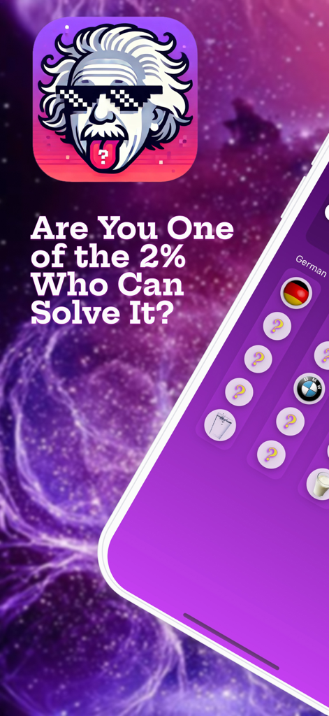 Der Bildschirm der App 'Das Einstein-Rätsel' zeigt eine Logikrätsel-Herausforderung mit dem Thema Gehirntraining