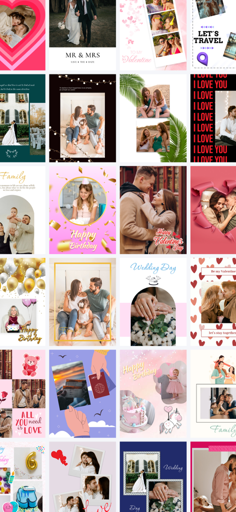 A collection of various photo collage templates for weddings, birthdays, travel, and social media posts