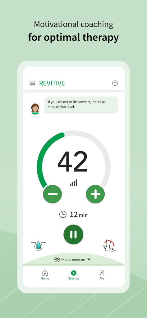 Revitive - Revitive app session screen showing therapy intensity control dial and motivational coaching message from Rosie.