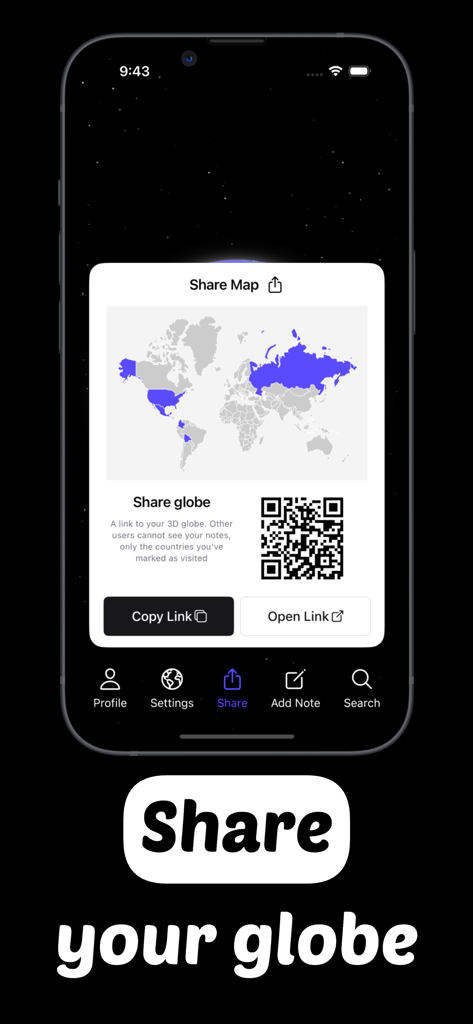 GlobeMarker: 3d Travel Map - 個人の旅行履歴を共有するためのQRコードと世界地図が表示されたGlobeMarkerアプリの共有機能を示すスクリーンショット。