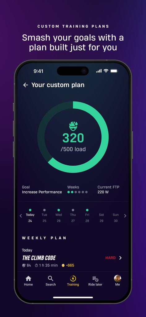 Interface of the ROUVY Companion app showing a custom training plan with cycling performance metrics and load progress
