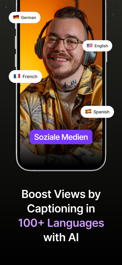 Un smartphone mostrando a un hombre en un vídeo con opciones de subtítulos en alemán, inglés, francés y español, con soporte multilingüe impulsado por IA.