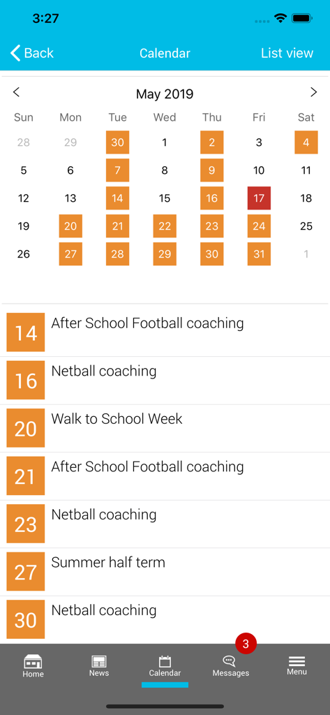 mySchoolApp - The school calendar feature in mySchoolApp displaying a monthly view and list of student events