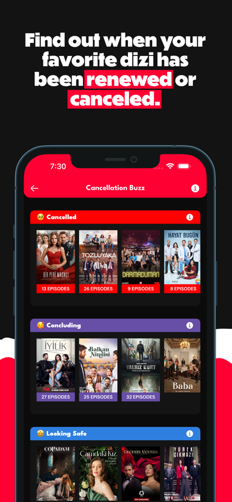 Dizilah - Dizilah app screen showing the status of Turkish dramas categorized into cancelled concluding and looking safe sections