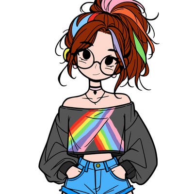 girl with a messy ponytail glasses a baggy crop top and jean shorts
