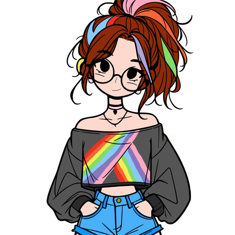 girl with a messy ponytail glasses a baggy crop top and jean shorts