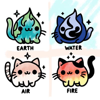 4 cats that represent the different elements, earth, water, air, and fire