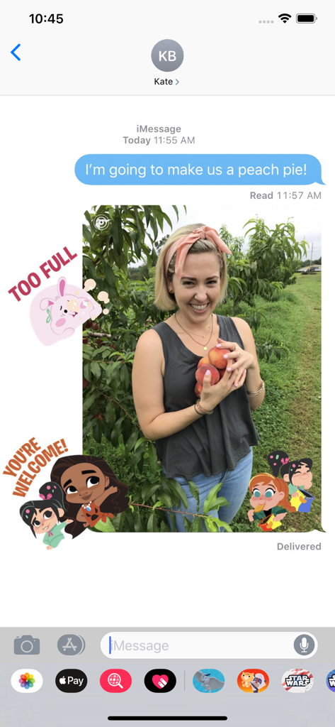 Ralph Breaks the Internet - A screenshot of an iMessage conversation featuring Disney stickers from Ralph Breaks the Internet applied over a photo.