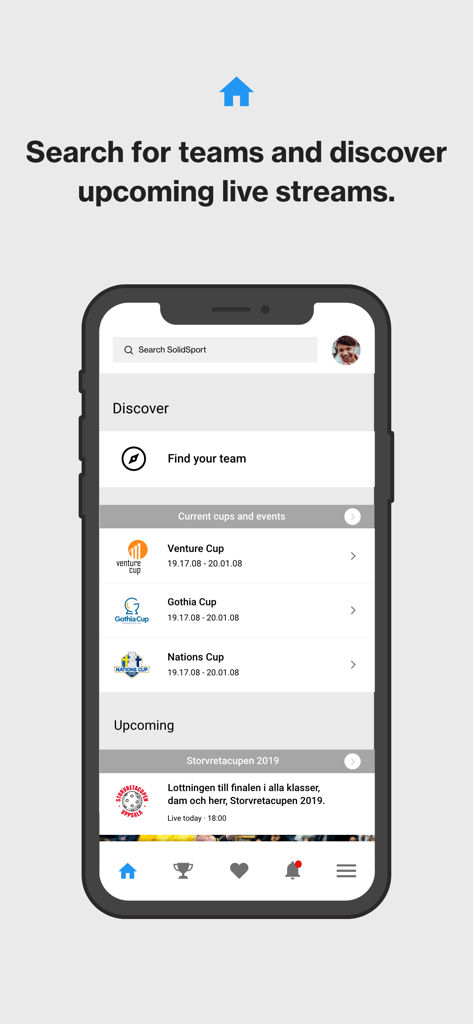 SolidSport - Mobile app interface of SolidSport showing a discovery page for upcoming live sports streams and team search.