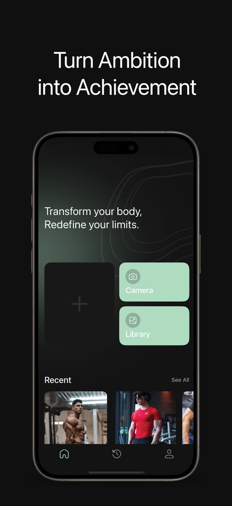 Ratr mobile app interface showing options to upload photos for AI physique rating and progress tracking.