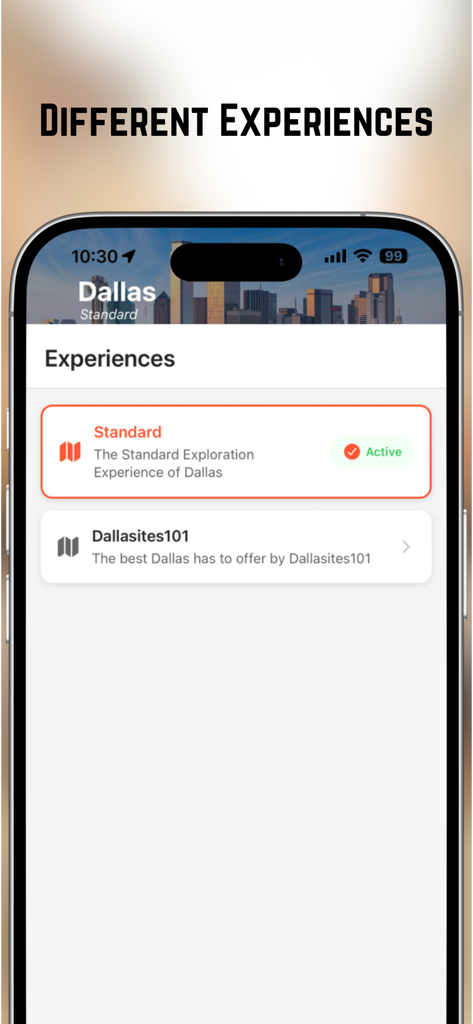 Open Worldアプリにダラスの都市探検オプションが表示されている画面。