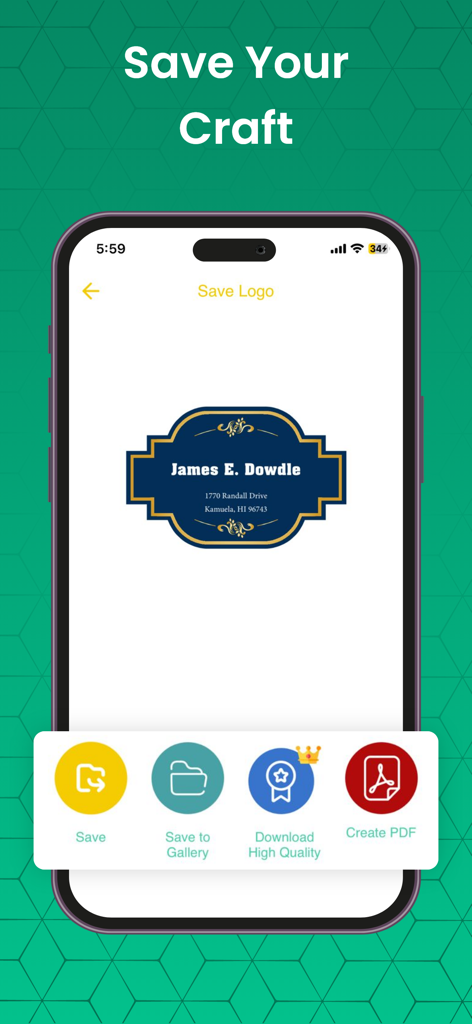 Design Studio : Craft Space - Interface de aplicativo móvel mostrando uma etiqueta de negócios personalizada com opções de exportação como Salvar na Galeria e Criar PDF
