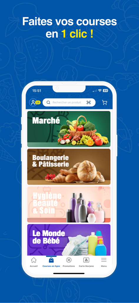 Marjane - Marjane app screen showing various grocery categories like fresh market and bakery items