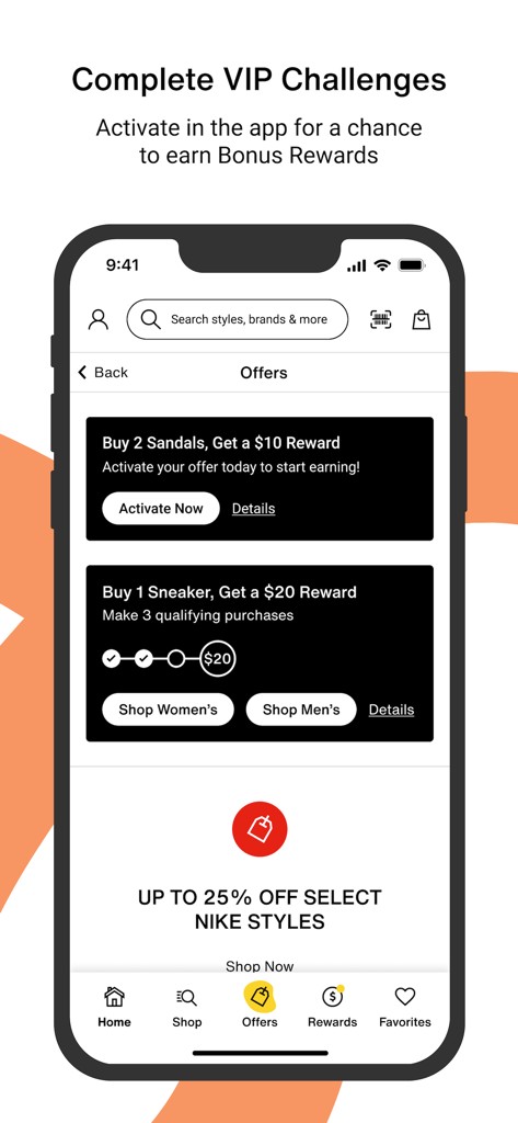 DSW Designer Shoe Warehouse - DSW app screen showing VIP challenges and reward offers for sneakers and sandals