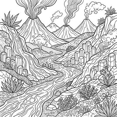 Dive into the raw power of nature with this captivating volcanic valleys coloring page, perfect for teens. Explore dynamic landscapes featuring erupting volcanoes, unique rock formations, and intricate flora, designed to spark your artistic flair.