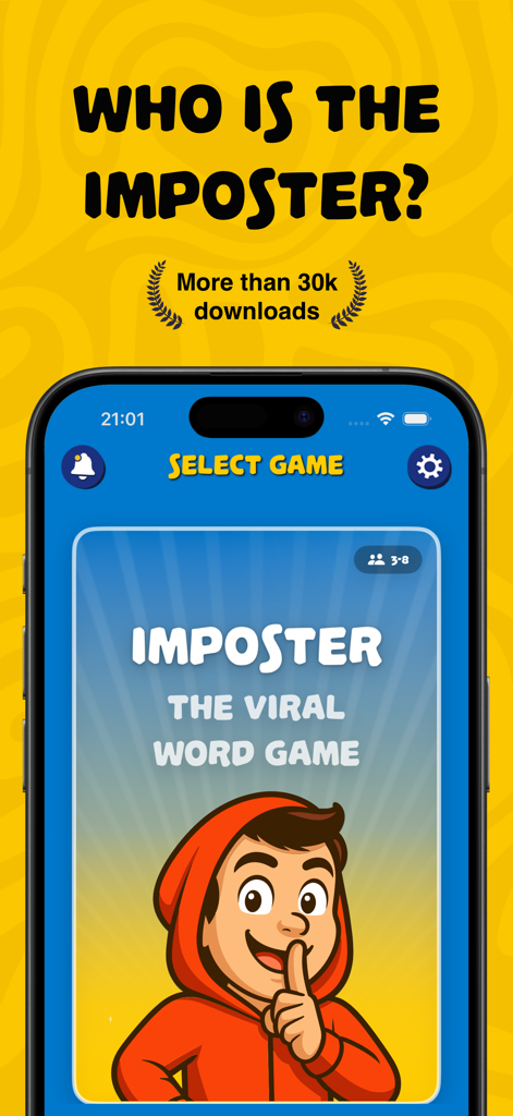 Cluso – Find the Impostor - Menú principal de la aplicación Cluso con el popular juego de palabras del impostor