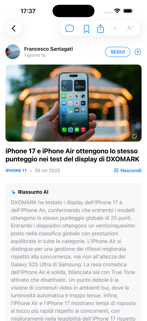 iSpazio - iSpazio app interface showing a news article with an AI summary feature about iPhone 17