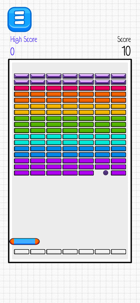 Classic brick breaker puzzle game with colorful rainbow bricks and a paddle