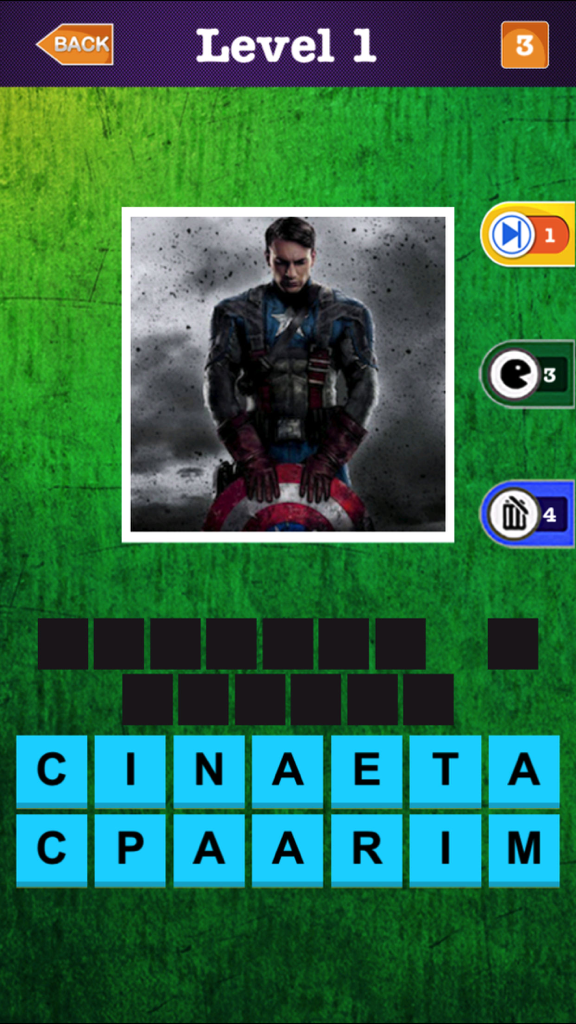 Comics Superhero Quiz - Guess the Superheroes Name - Superhero Quiz mobile game screenshot of level 1 featuring Captain America