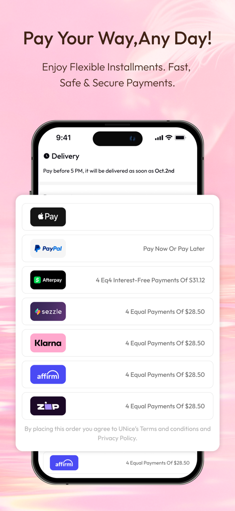UNice app checkout screen showing flexible payment options and interest-free installment plans.