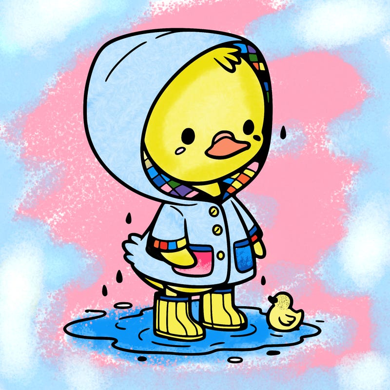 baby duck in a rain coat and boots, in a puddle while it’s raining