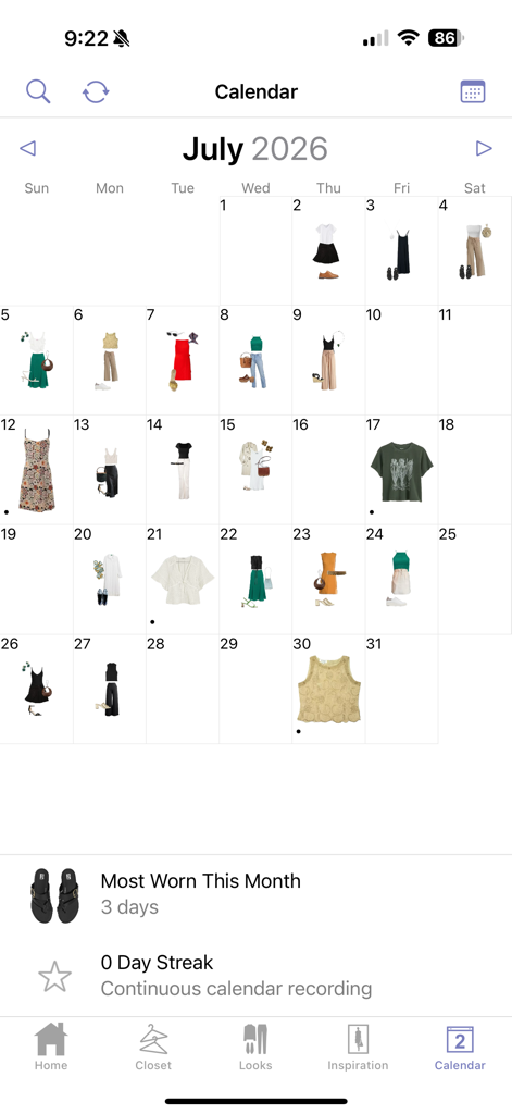 A calendar view in the Stylebook app showing daily planned outfits and wardrobe usage statistics.