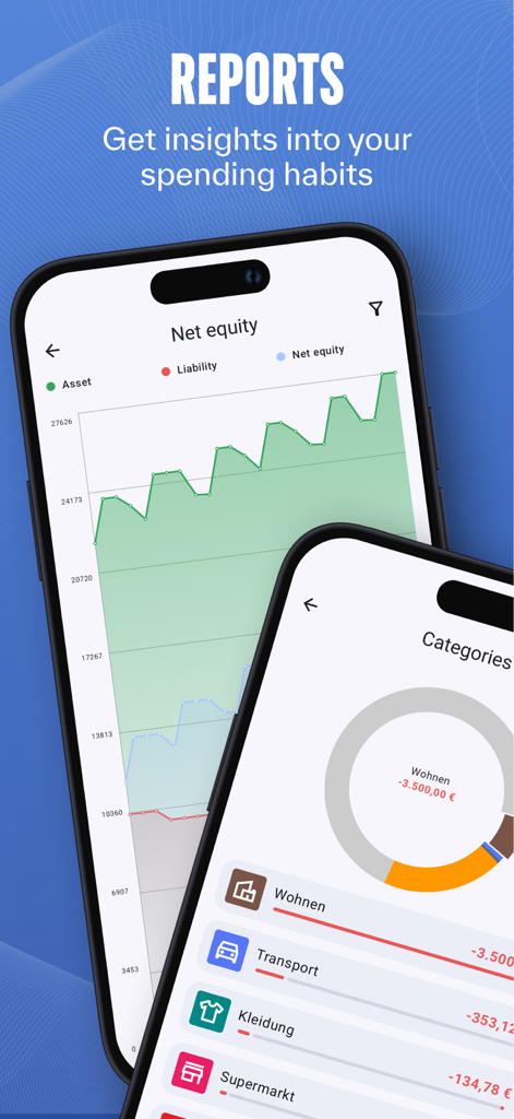 Pantallas de informes financieros de la aplicación CashOwl que muestran un gráfico de línea de patrimonio neto y un gráfico circular de categorías de gastos.