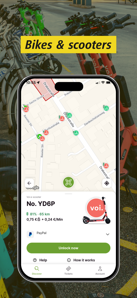 BVG Jelbi: Mobility in Berlin - BVG Jelbi app interface displaying a map of available shared vehicles and a booking screen for a Voi e-scooter in Berlin.