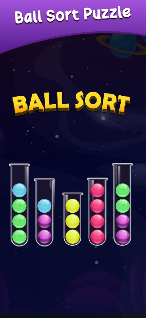 Ball Sort Puzzle - Get Color - Pantalla de juego de Ball Sort Puzzle que muestra tubos de vidrio con varias bolas de colores sobre un fondo espacial.