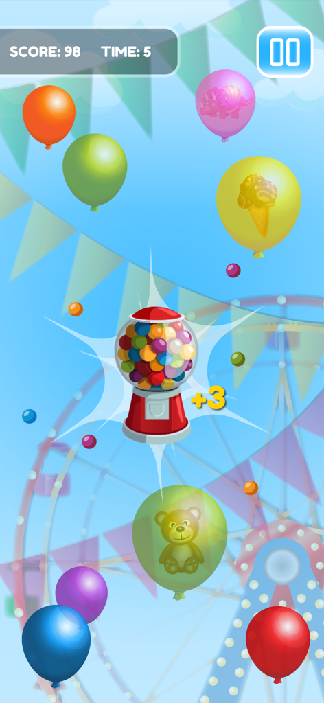 Pop Balloon Fun - Tapping Game - Globos coloridos con juguetes escondidos y una máquina de chicles sobre un fondo de feria