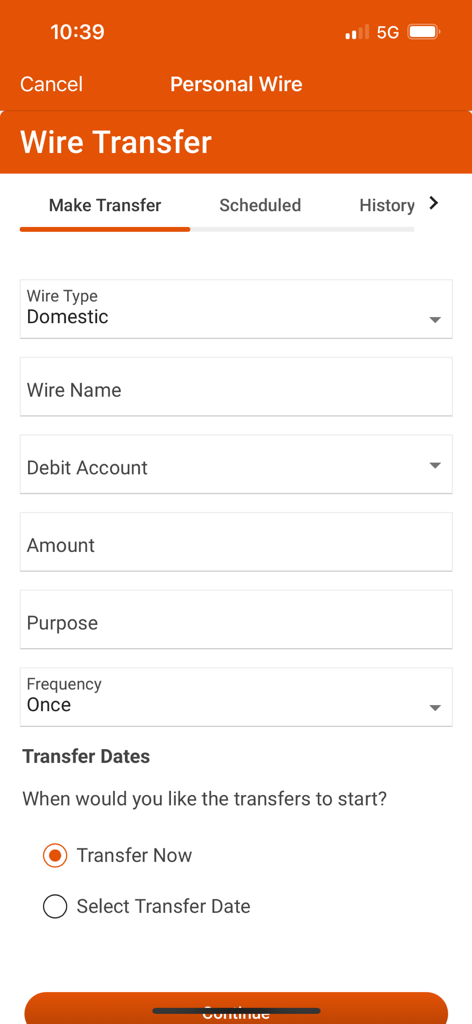 Domestic wire transfer screen in the Amerant Mobile Banking app