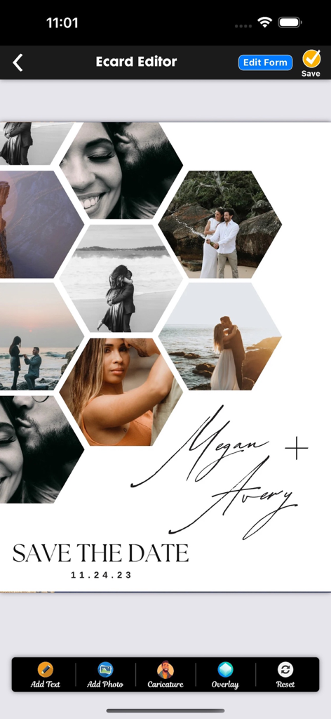 Video Invitation Maker Ecards - 六角形のフォトコラージュと編集ツールを備えたSave the Date招待状テンプレートを表示するEcardエディタのモバイルアプリインターフェース