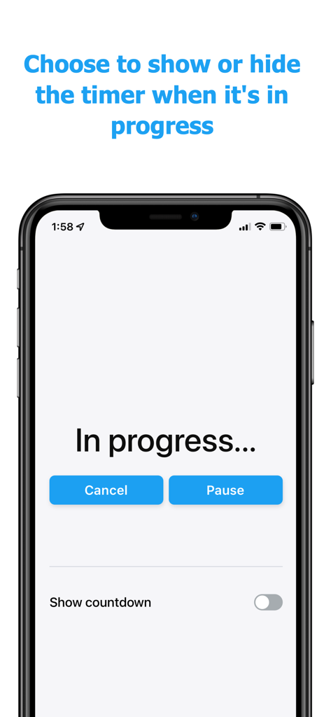 Una interfaz de aplicación móvil que muestra un temporizador en progreso con opciones para pausar o cancelar y un interruptor para mostrar u ocultar la cuenta regresiva