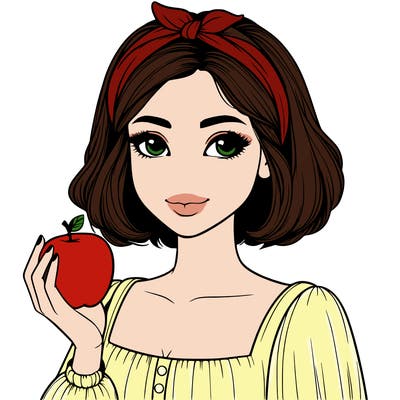 a woman with medium short hair, wearing a headband with a small bow, carrying an apple in her hand, realistic