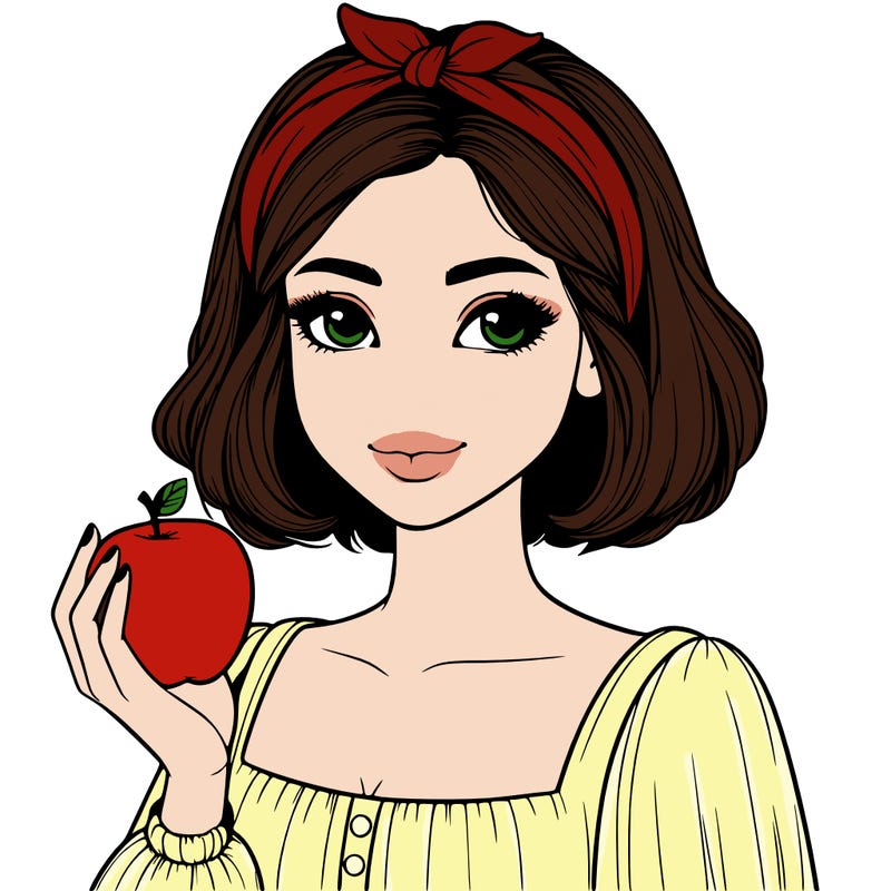 a woman with medium short hair, wearing a headband with a small bow, carrying an apple in her hand, realistic