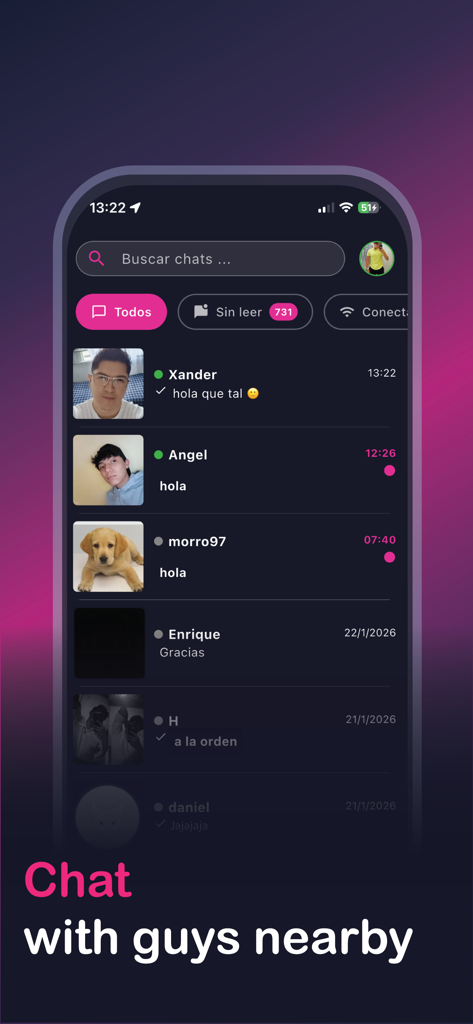 Cruizer - A screenshot of the Cruizer app showing a list of chat conversations with nearby users.