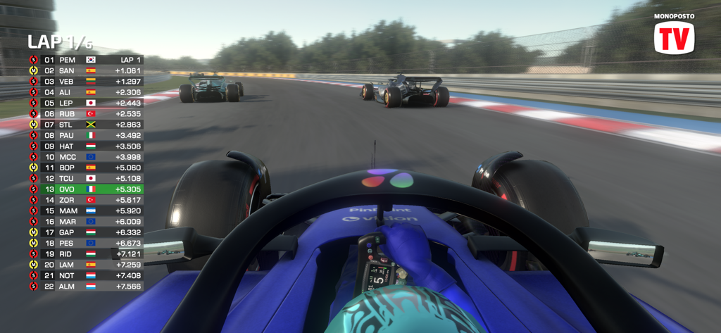In-game cockpit view of a formula racing car on a track with a leaderboard in Monoposto Lite