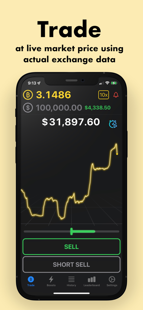 ビットコインシミュレーターのモバイルアプリインターフェース。リアルタイムの市場価格チャートと取引ボタンが表示されています