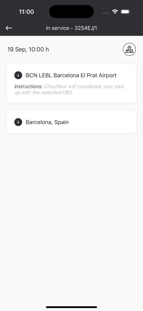 Pantalla de Acceso de Conductores Drivania que muestra los detalles del itinerario del viaje e instrucciones de recogida en el aeropuerto