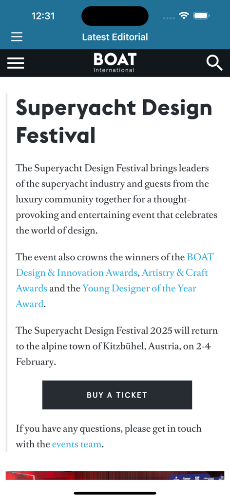 Boat International Events - Informationen über das Superyacht Design Festival einschließlich Event-Daten und einer Schaltfläche zum Ticketkauf in der Boat International Events App