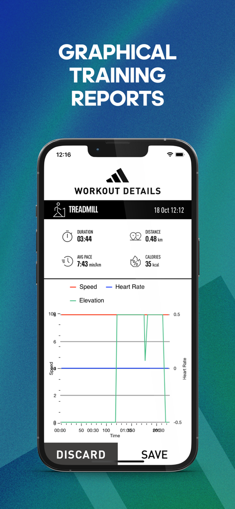 adidas Console+ - Bildschirm mit Trainingsdetails der adidas Console plus App, der Laufband-Trainingsdaten und Leistungsgraphen anzeigt
