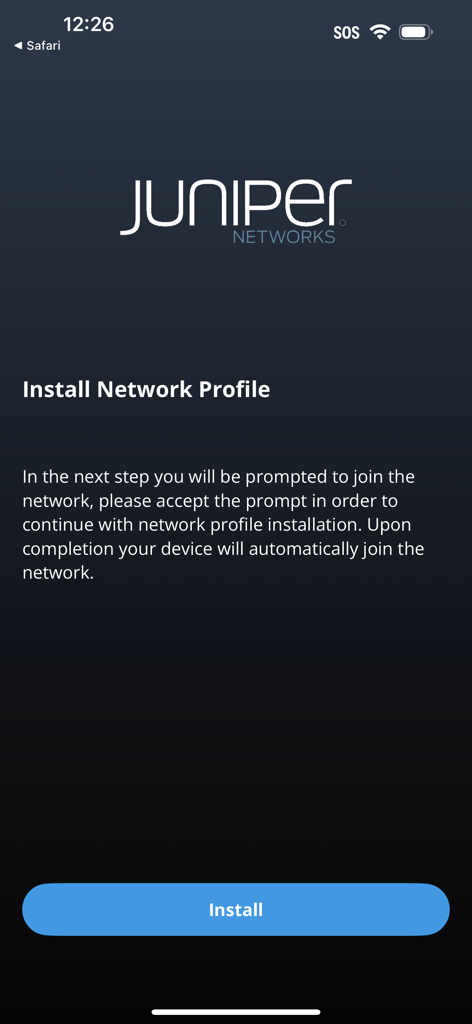 Schermata dell'app Marvis Client di Juniper Networks che mostra l'interfaccia e le istruzioni per l'installazione del profilo di rete